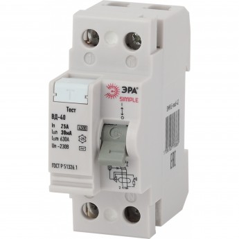Устройство защитного отключения ЭРА SIMPLE-MOD-42 SIMPLE УЗО ВД-40 2P 25А/30мА электронное Устройство защитного отключения ЭРА SIMPLE-MOD-42 SIMPLE УЗО ВД-40 2P 25А/30мА электронное